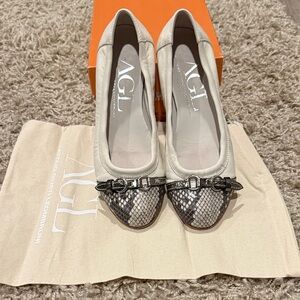 AGL Cream and grey Snake Flats w/ silver buckle detail, 37 1/2.  Lightly worn.